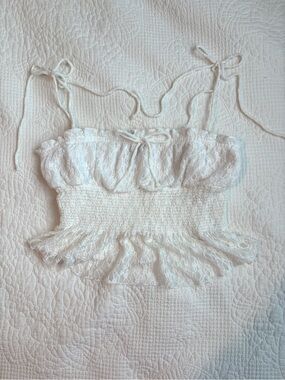 Garage White Lace Smocked Babydoll Tie-Strap Tank Top
